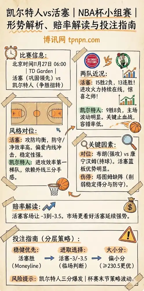 凯尔特人vs活塞 | NBA杯小组赛 | 形势解析、赔率解读与投注指南
