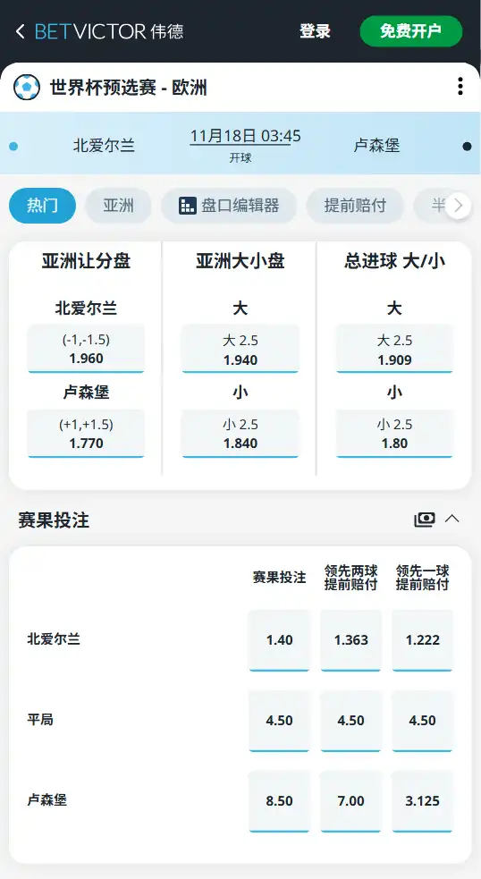 世预赛欧洲区｜北爱尔兰 vs 卢森堡 -博彩赔率和盘口信息由伟德(betvictor)提供